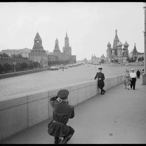 Soviet soldier taking a photograph of another soldier in Red Square, Moscow, 1959