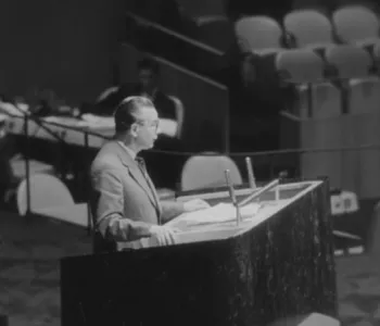 Polish Foreign Minister Adam Rapacki speaks before the United Nations General Assembly on October 2, 1957. 